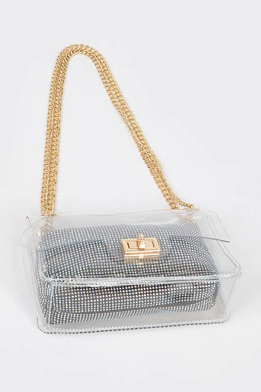 2 In 1 Rhinestone Pouch Clear Shoulder Bag