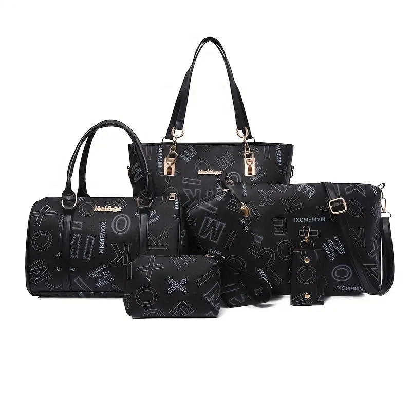 6pcs Retro Letter Print Bag Set Tote Crossbody Clutch