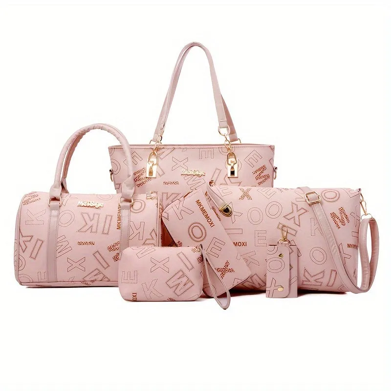 6pcs Retro Letter Print Bag Set Tote Crossbody Clutch