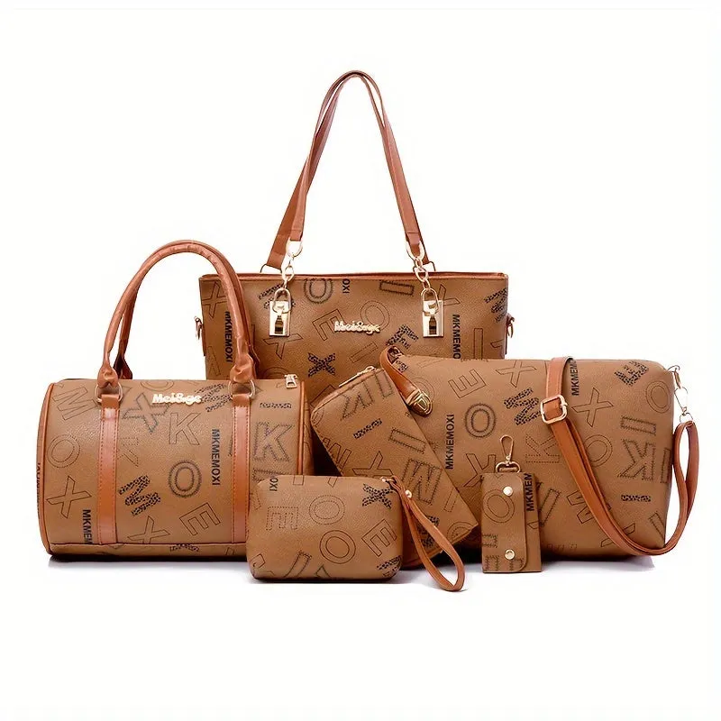 6pcs Retro Letter Print Bag Set Tote Crossbody Clutch
