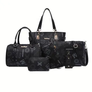 6pcs Retro Letter Print Bag Set Tote Crossbody Clutch