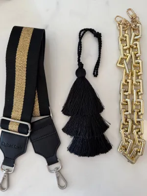 Accessory Bundle: Black Tassel   GOLD Chain   Black/Gold Stripe Strap