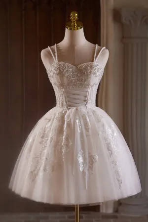 Beading Spaghetti Straps Tulle Homecoming Dresses with Pearls