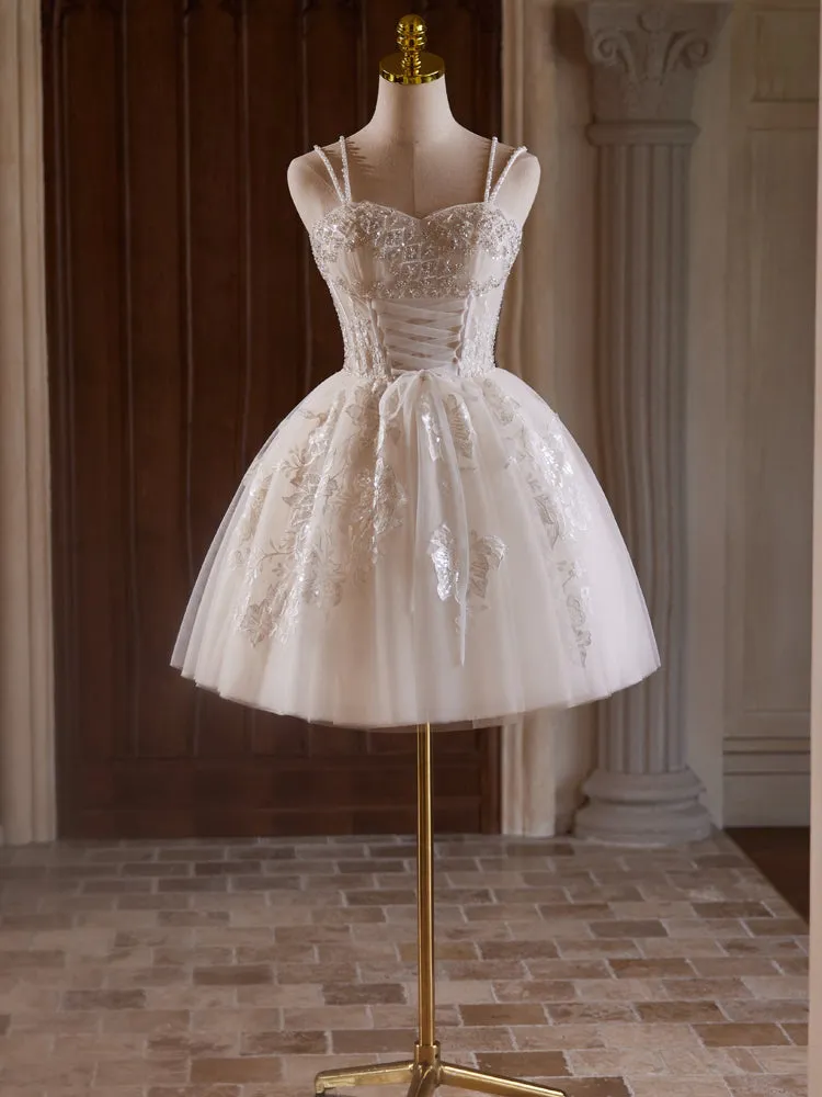 Beading Spaghetti Straps Tulle Homecoming Dresses with Pearls