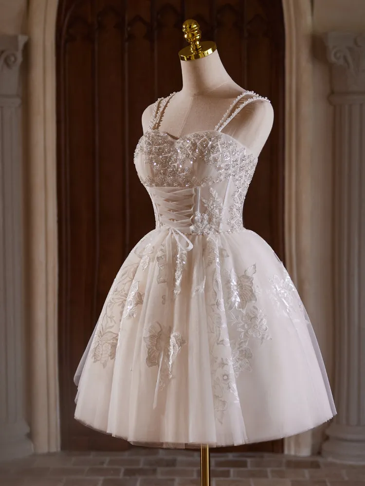 Beading Spaghetti Straps Tulle Homecoming Dresses with Pearls