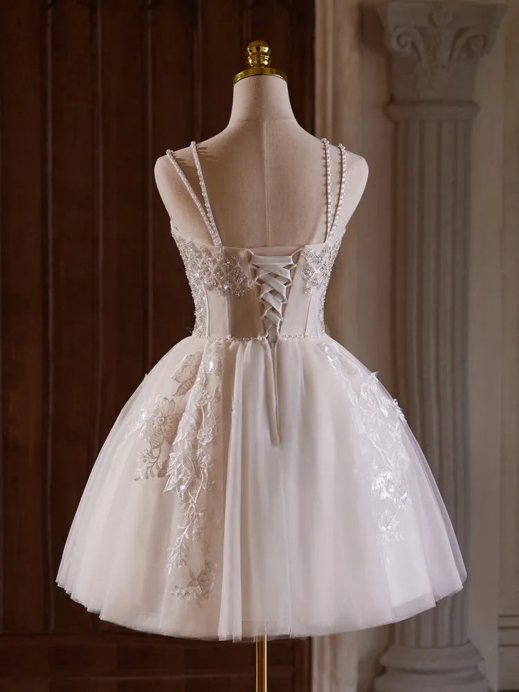 Beading Spaghetti Straps Tulle Homecoming Dresses with Pearls
