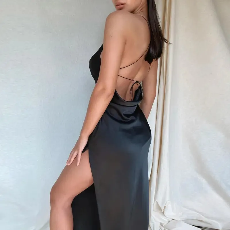 Black Backless Satin Maxi Dress - Sexy Off Shoulder Split Party Dress