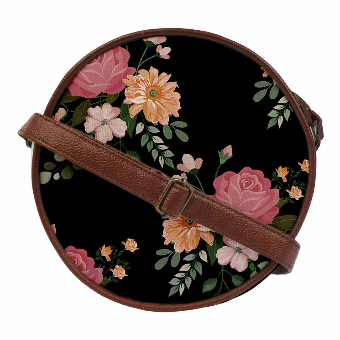 Black Floral Print Round Sling Bag
