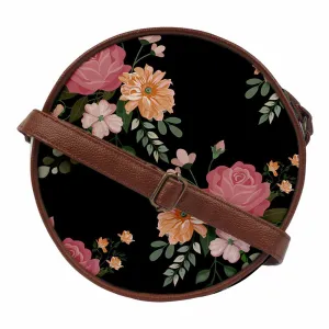 Black Floral Print Round Sling Bag