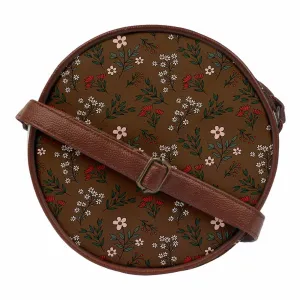 Brown Mini Floral Print Round Sling Bag