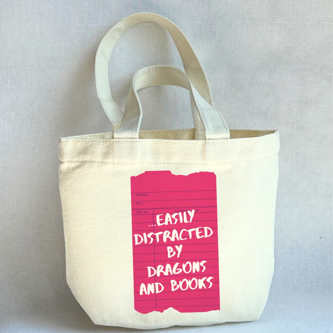 Canvas Mini Tote Bag - Easily Distracted by Books and Dragons Library Card