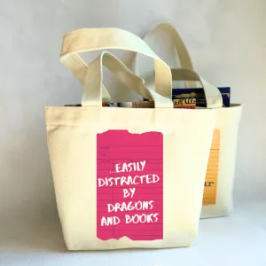 Canvas Mini Tote Bag - Easily Distracted by Books and Dragons Library Card