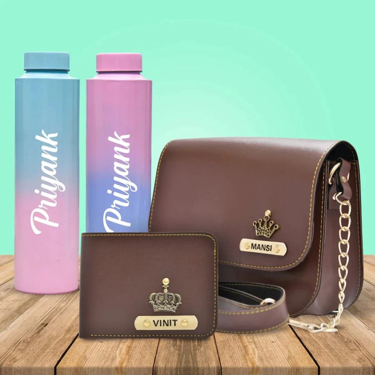 Chained Sling Bag & Men's Wallet & Personalised Couple Rainbow Classic WaterBottle - Brown