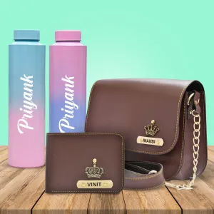 Chained Sling Bag & Men's Wallet & Personalised Couple Rainbow Classic WaterBottle - Brown