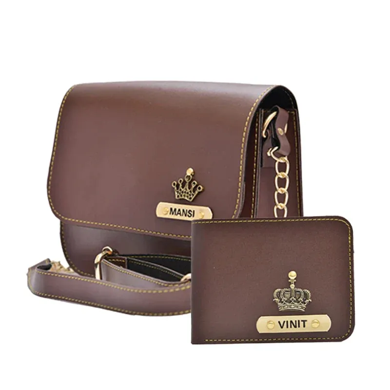 Chained Sling Bag & Men's Wallet & Personalised Couple Rainbow Classic WaterBottle - Brown