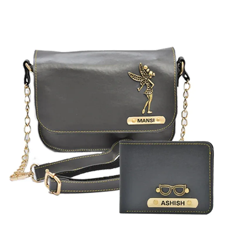 Chained Sling Bag & Men's Wallet & Personalised Couple Rainbow Classic WaterBottle - Grey