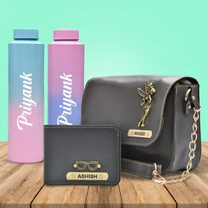 Chained Sling Bag & Men's Wallet & Personalised Couple Rainbow Classic WaterBottle - Grey