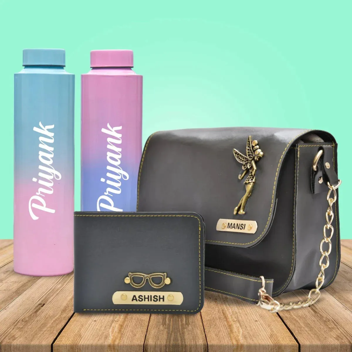 Chained Sling Bag & Men's Wallet & Personalised Couple Rainbow Classic WaterBottle - Grey