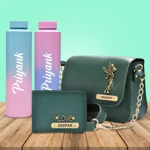 Chained Sling Bag & Men's Wallet & Personalised Couple Rainbow Classic WaterBottle - Olive Green
