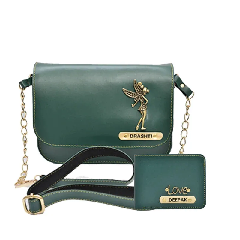 Chained Sling Bag & Men's Wallet & Personalised Couple Rainbow Classic WaterBottle - Olive Green