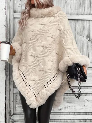 Chic Cozy Knit Cape with Luxe FauxFur Trim