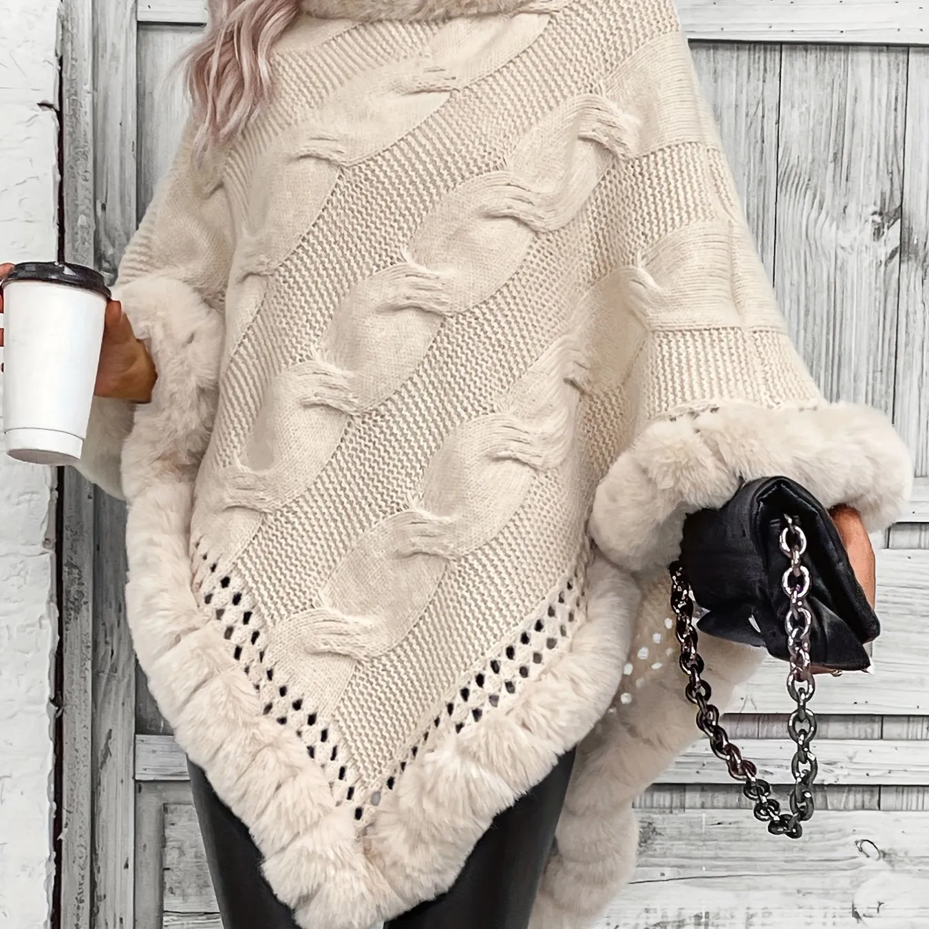 Chic Cozy Knit Cape with Luxe FauxFur Trim
