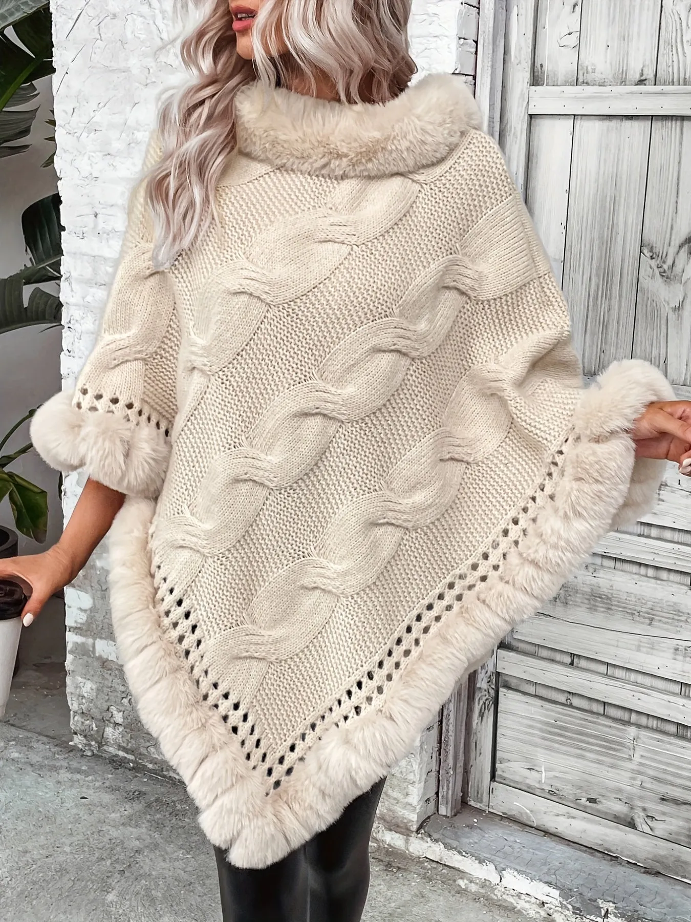 Chic Cozy Knit Cape with Luxe FauxFur Trim
