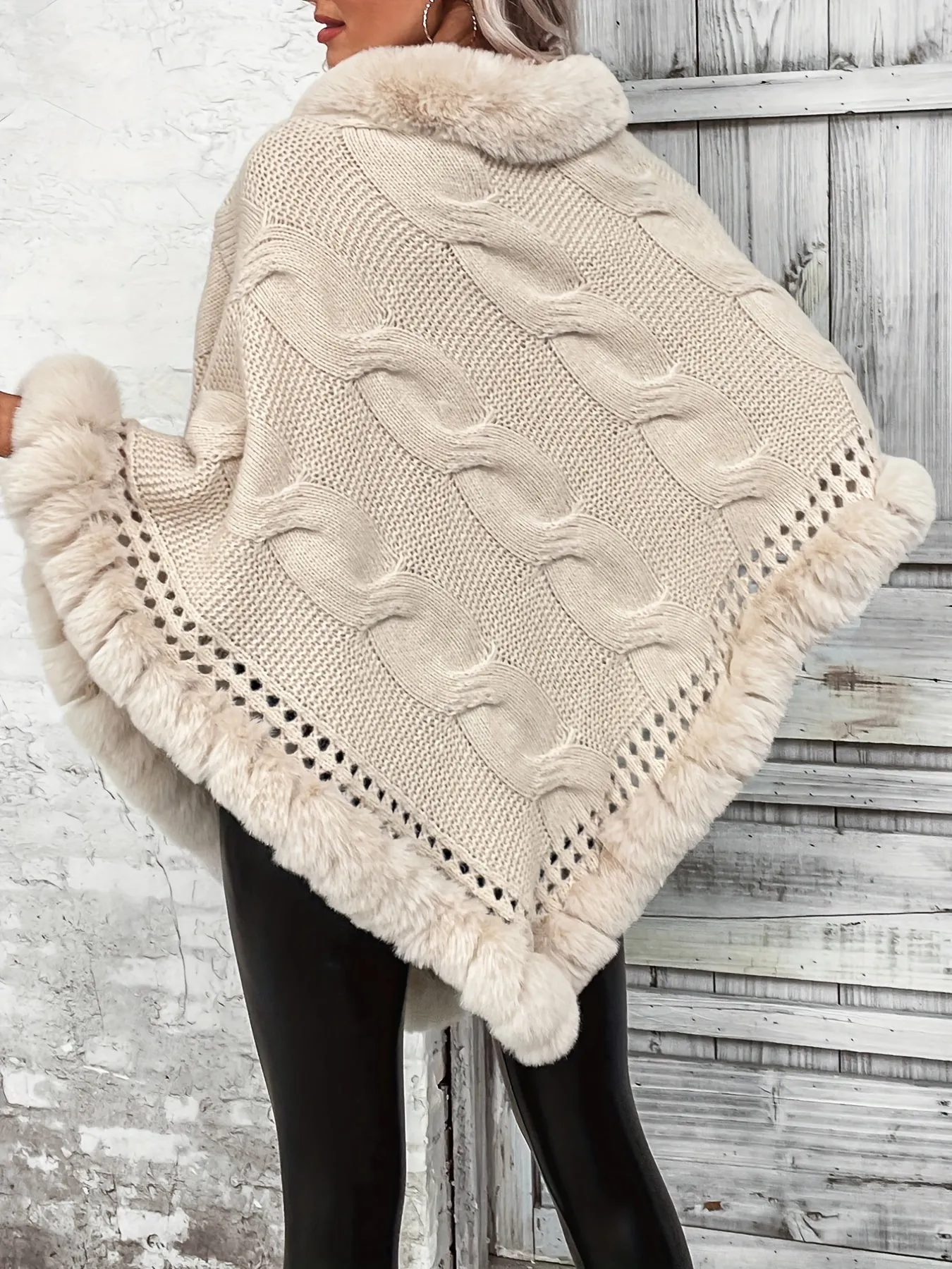 Chic Cozy Knit Cape with Luxe FauxFur Trim