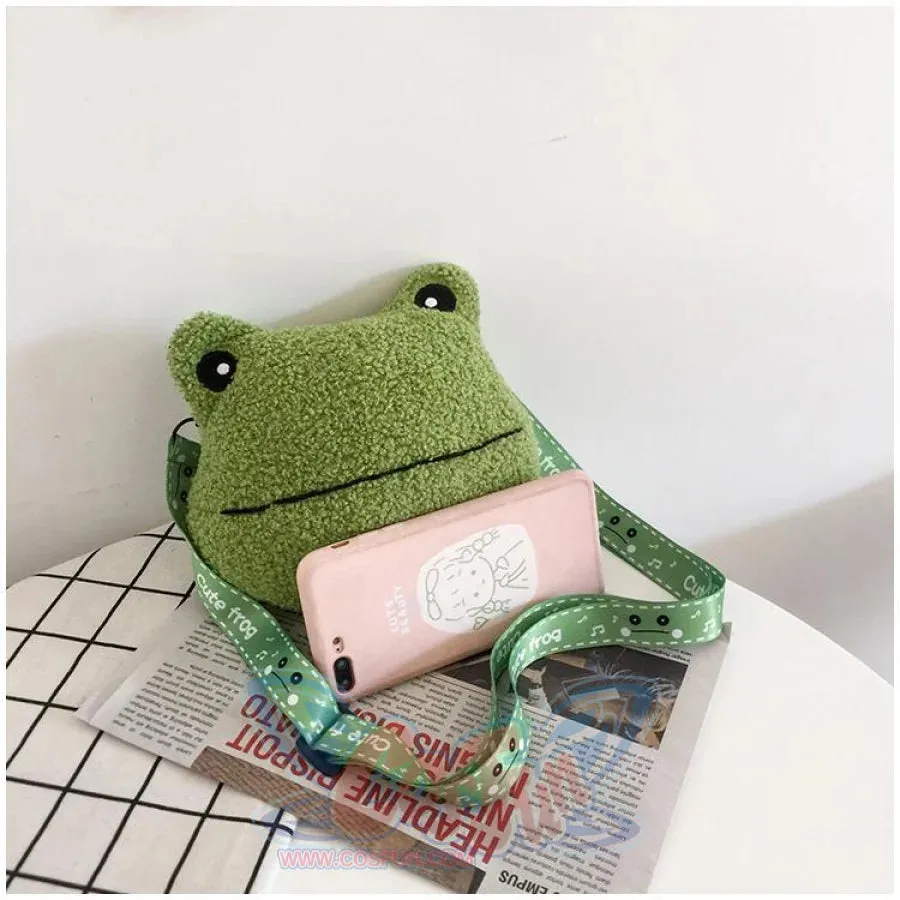 Cute Cartoon Plush Green Frog Doll Faux Wool Shoulder Bags C00072