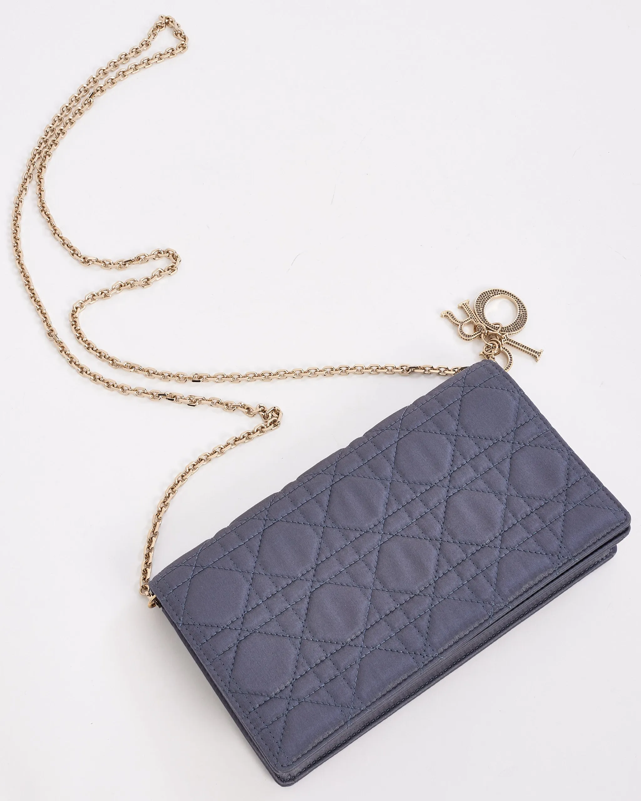 Dior Blue Satin Lady Dior Pouch Wallet on Chain