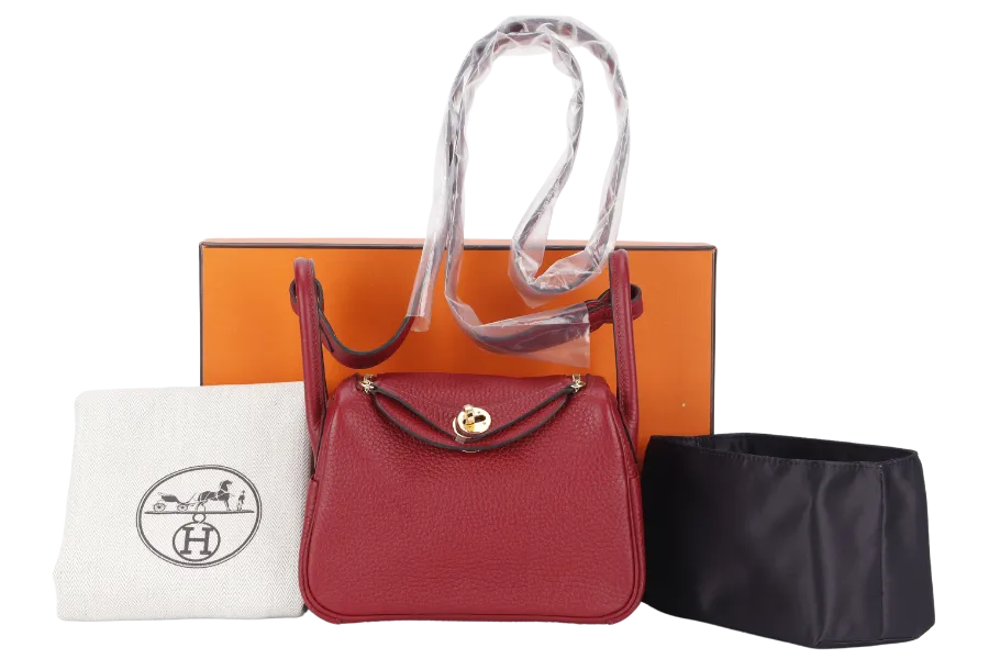 HERMES LINDY MINI 20 STAMP Y (YEAR 2020) ROUGE GRENAT CLEMENCE LEATHER GOLD HARDWARE WITH DUST COVER AND BOX