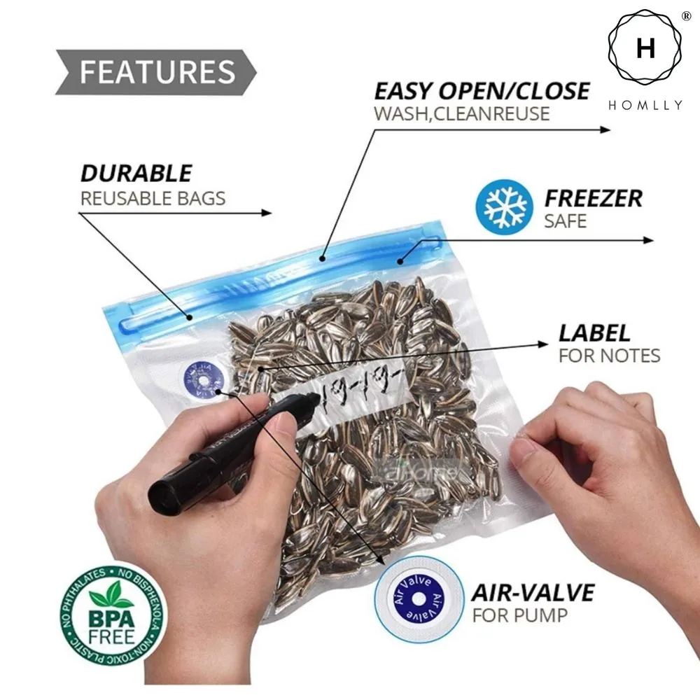 Homlly Reusable Sous Vide Food Vacuum Sealer Ziplock Bags with Portable Manual/Electric Vacuum Sealer Pump