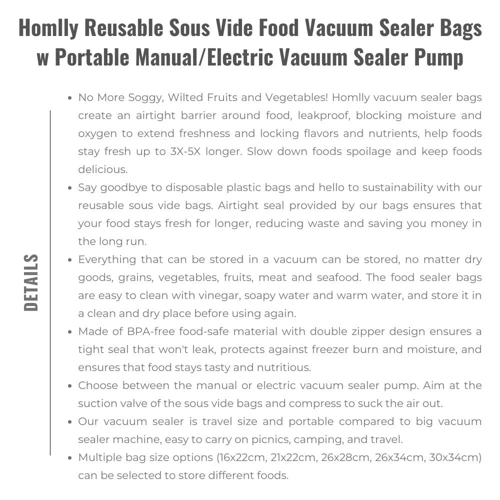 Homlly Reusable Sous Vide Food Vacuum Sealer Ziplock Bags with Portable Manual/Electric Vacuum Sealer Pump