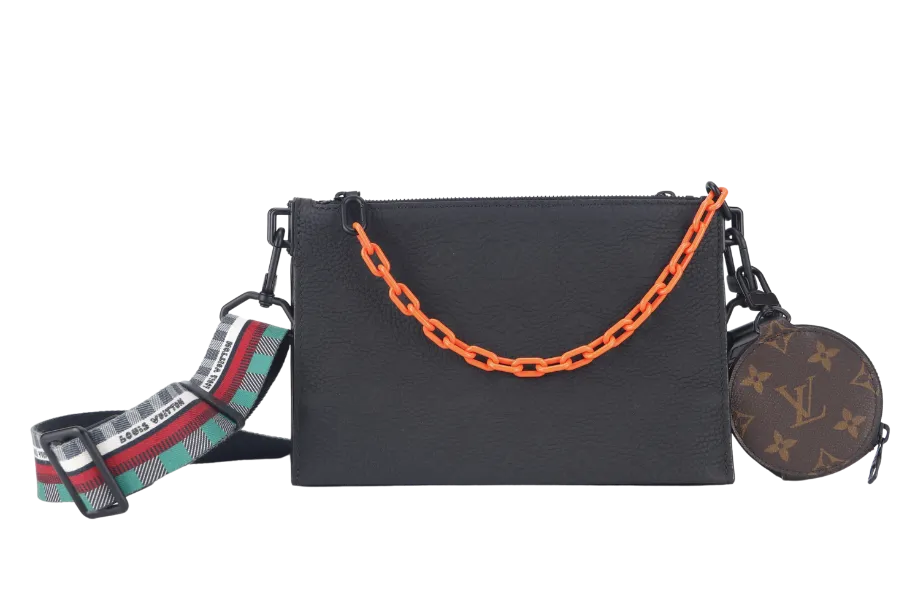 LOUIS VUITTON TRIO POUCH BAG (M59681) MONOGARAM BLACK EMPREINTE WITH ROUND POUCH, STRAPS AND DUST COVER