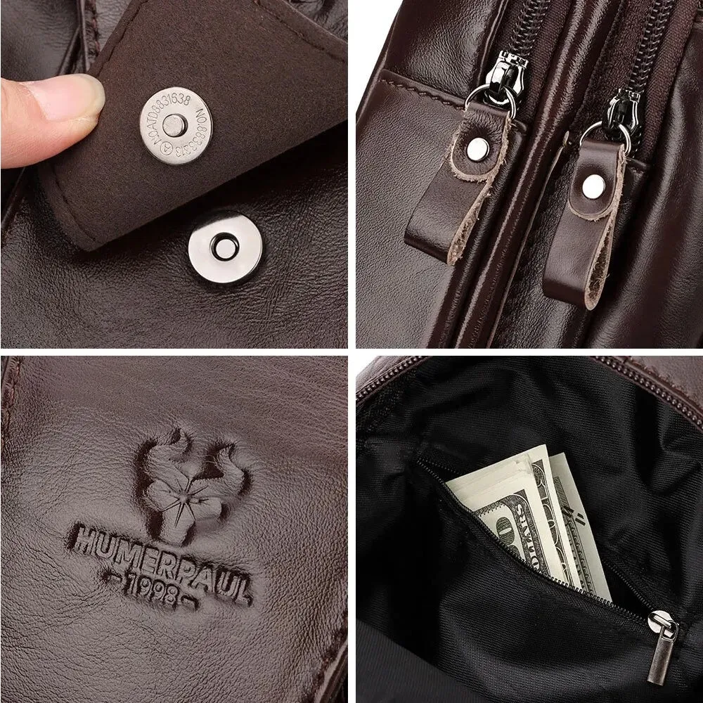 Men Genuine Leather Back Anti-theft Zipper Pocket Chest Bag Fashion Casual Wear-resistant Crossbody Bag Shoulder Bag