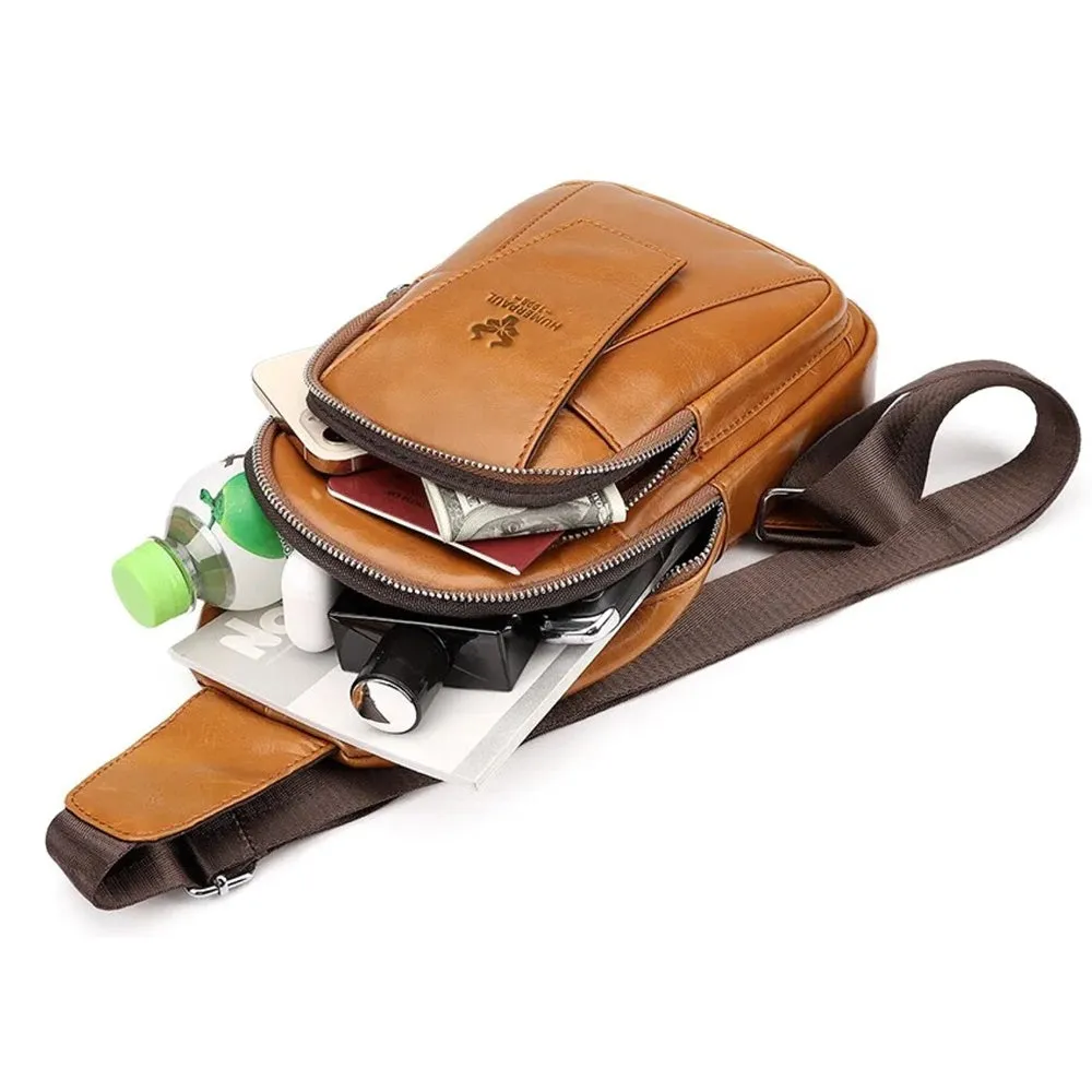 Men Genuine Leather Back Anti-theft Zipper Pocket Chest Bag Fashion Casual Wear-resistant Crossbody Bag Shoulder Bag