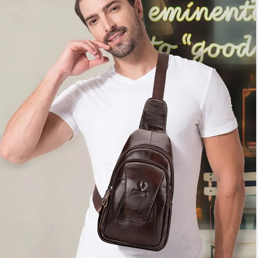 Men Genuine Leather Back Anti-theft Zipper Pocket Chest Bag Fashion Casual Wear-resistant Crossbody Bag Shoulder Bag
