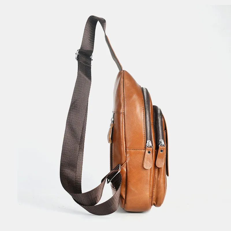 Men Genuine Leather Back Anti-theft Zipper Pocket Chest Bag Fashion Casual Wear-resistant Crossbody Bag Shoulder Bag