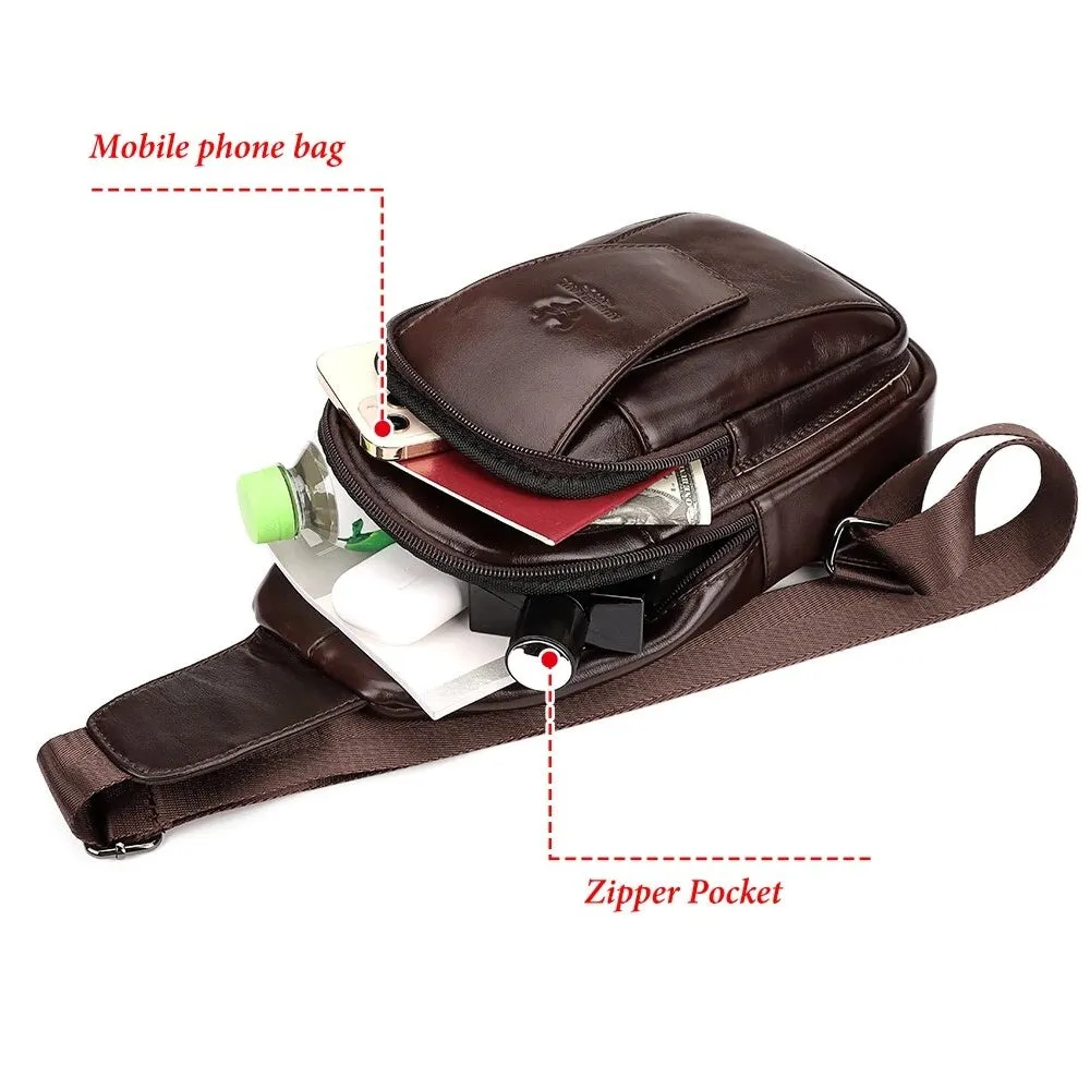 Men Genuine Leather Back Anti-theft Zipper Pocket Chest Bag Fashion Casual Wear-resistant Crossbody Bag Shoulder Bag