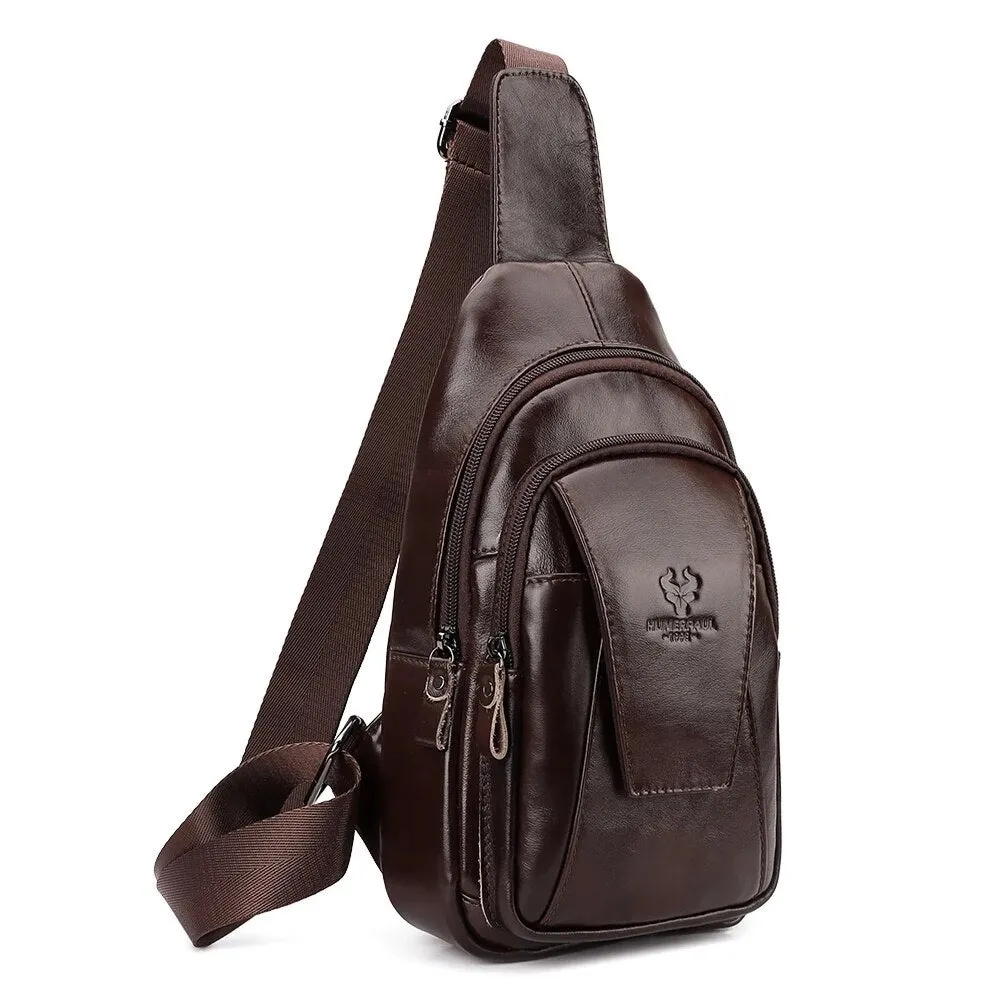 Men Genuine Leather Back Anti-theft Zipper Pocket Chest Bag Fashion Casual Wear-resistant Crossbody Bag Shoulder Bag