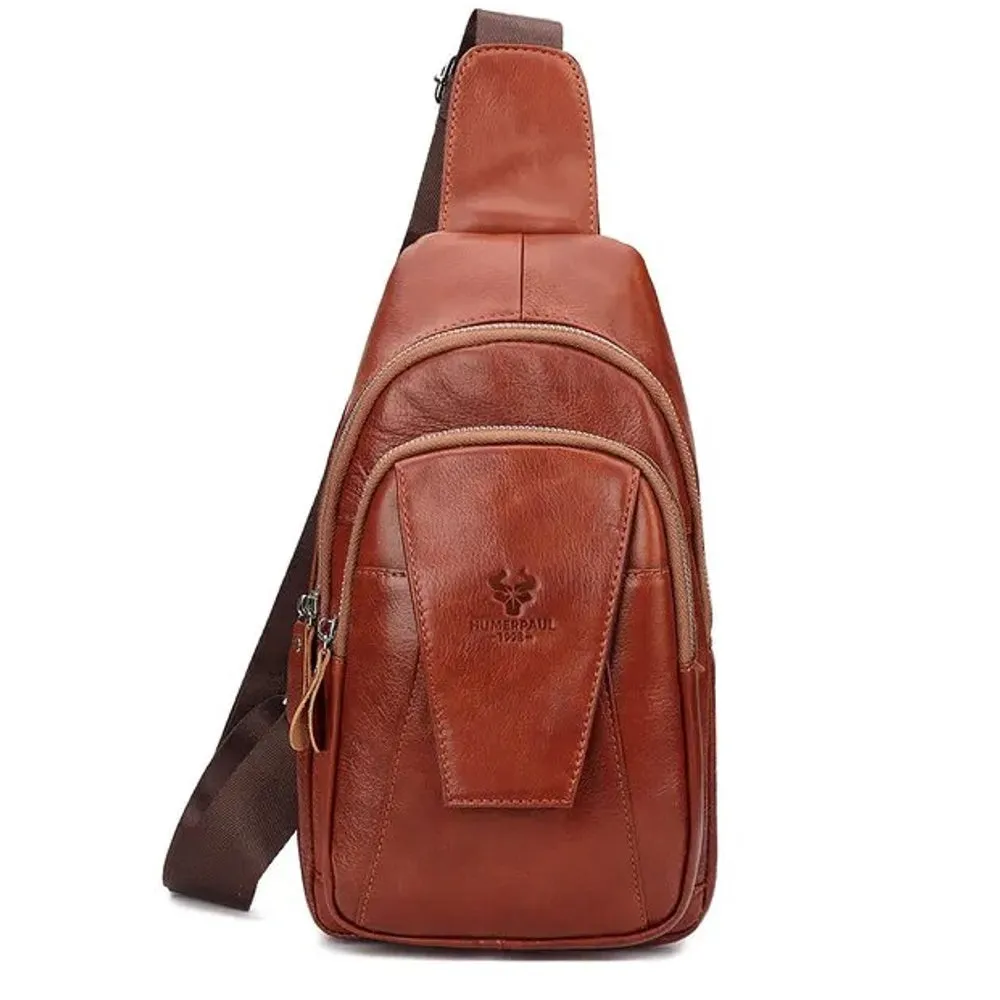 Men Genuine Leather Back Anti-theft Zipper Pocket Chest Bag Fashion Casual Wear-resistant Crossbody Bag Shoulder Bag