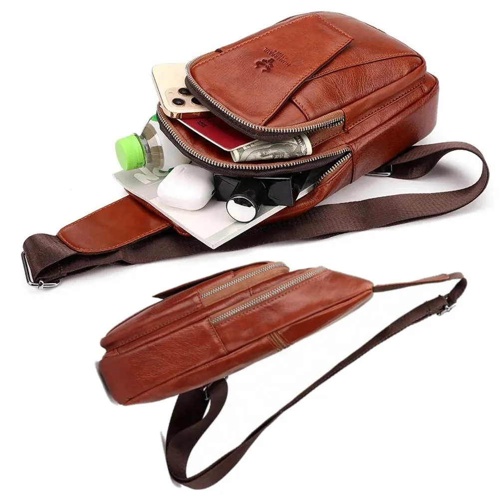 Men Genuine Leather Back Anti-theft Zipper Pocket Chest Bag Fashion Casual Wear-resistant Crossbody Bag Shoulder Bag
