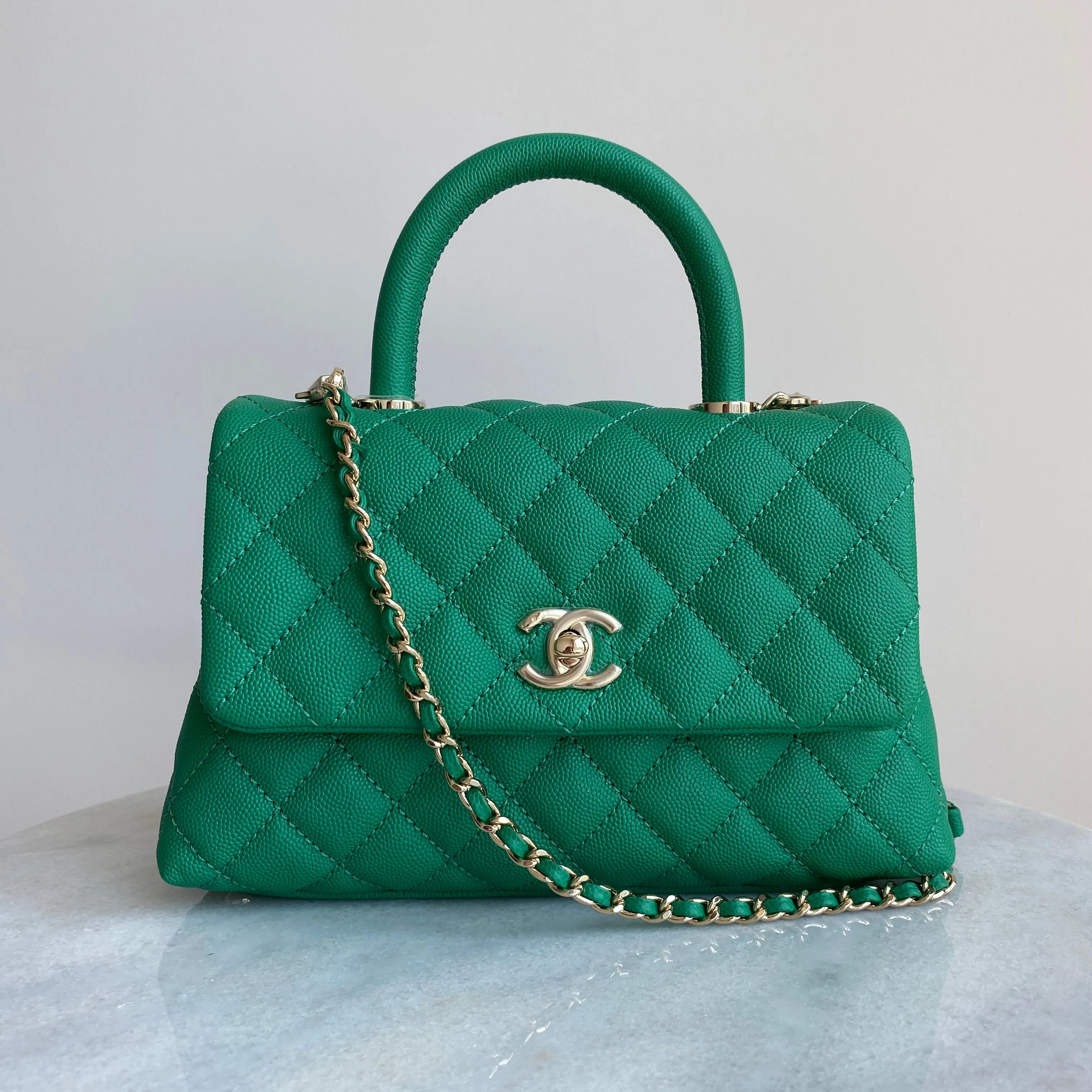 Mini Coco Handle Flap Bag in Green Caviar