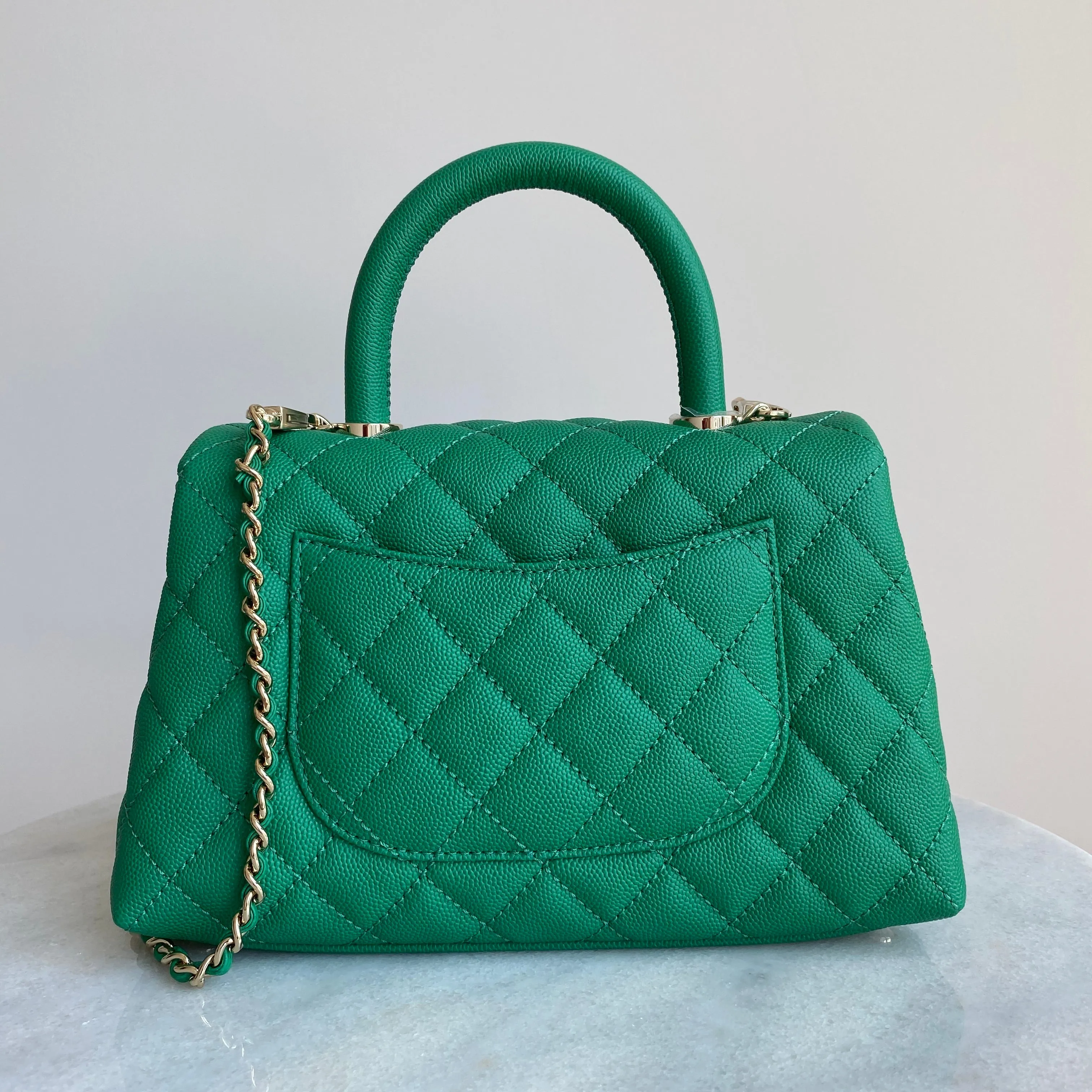 Mini Coco Handle Flap Bag in Green Caviar