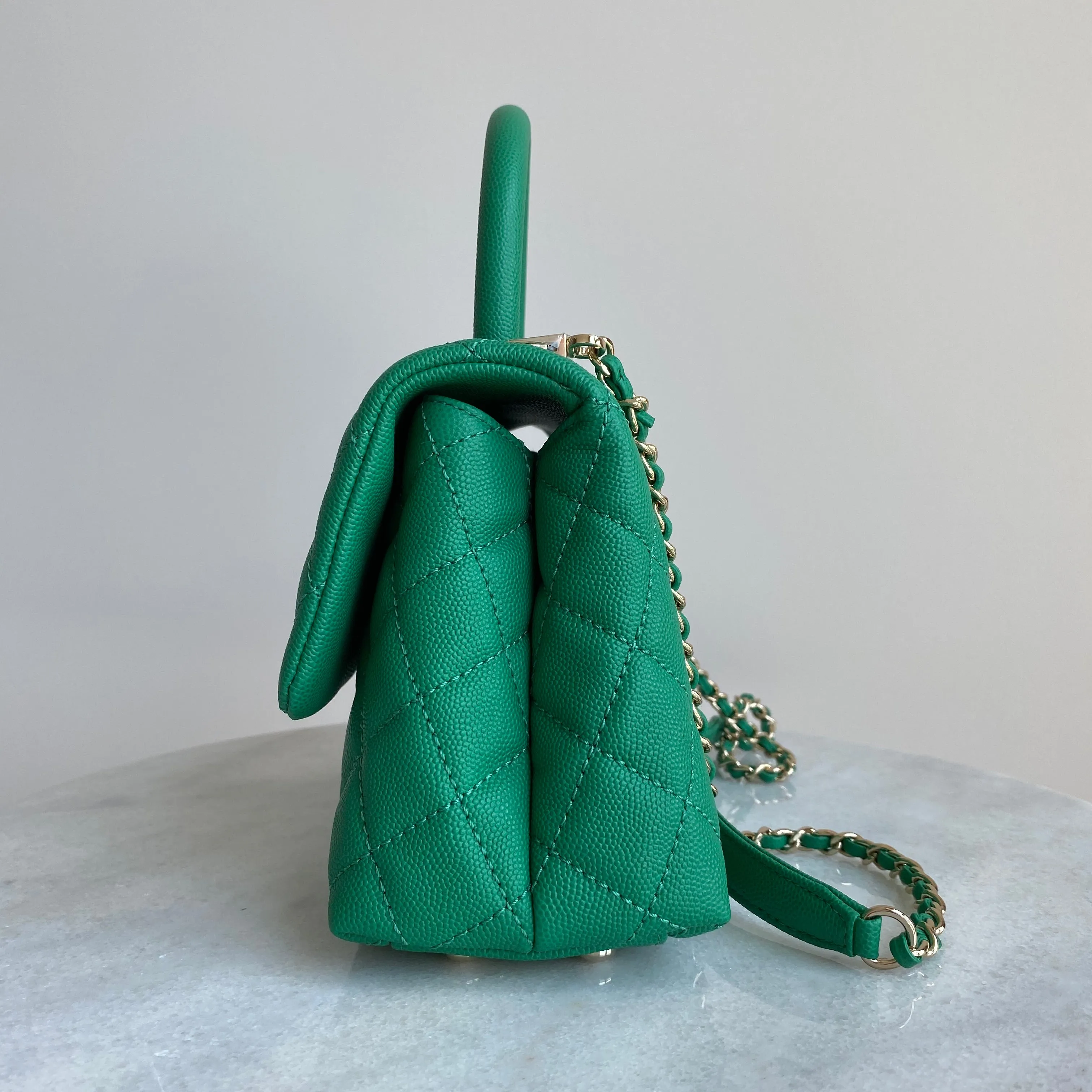 Mini Coco Handle Flap Bag in Green Caviar