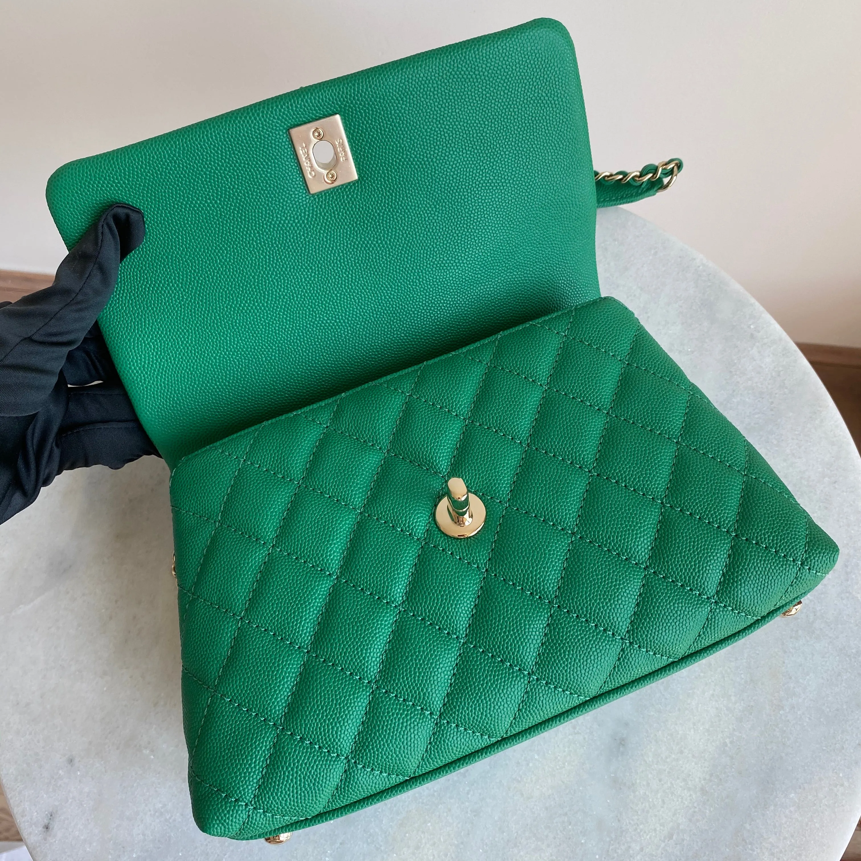 Mini Coco Handle Flap Bag in Green Caviar