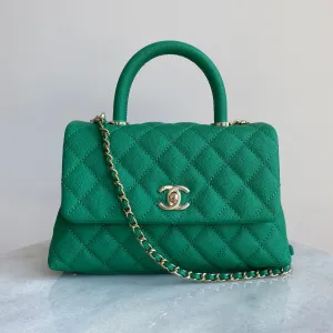 Mini Coco Handle Flap Bag in Green Caviar