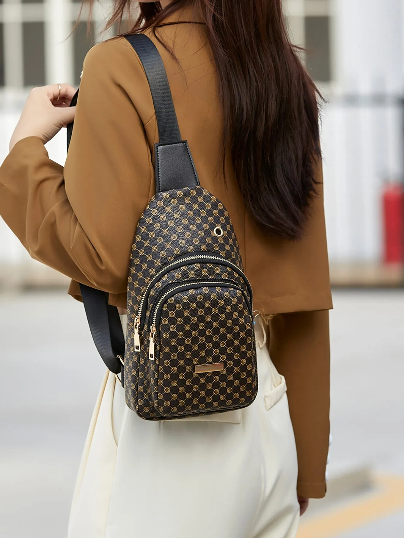 Mini Geometric Pattern Headphone Port Detail Sling Bag - Coffee Brown