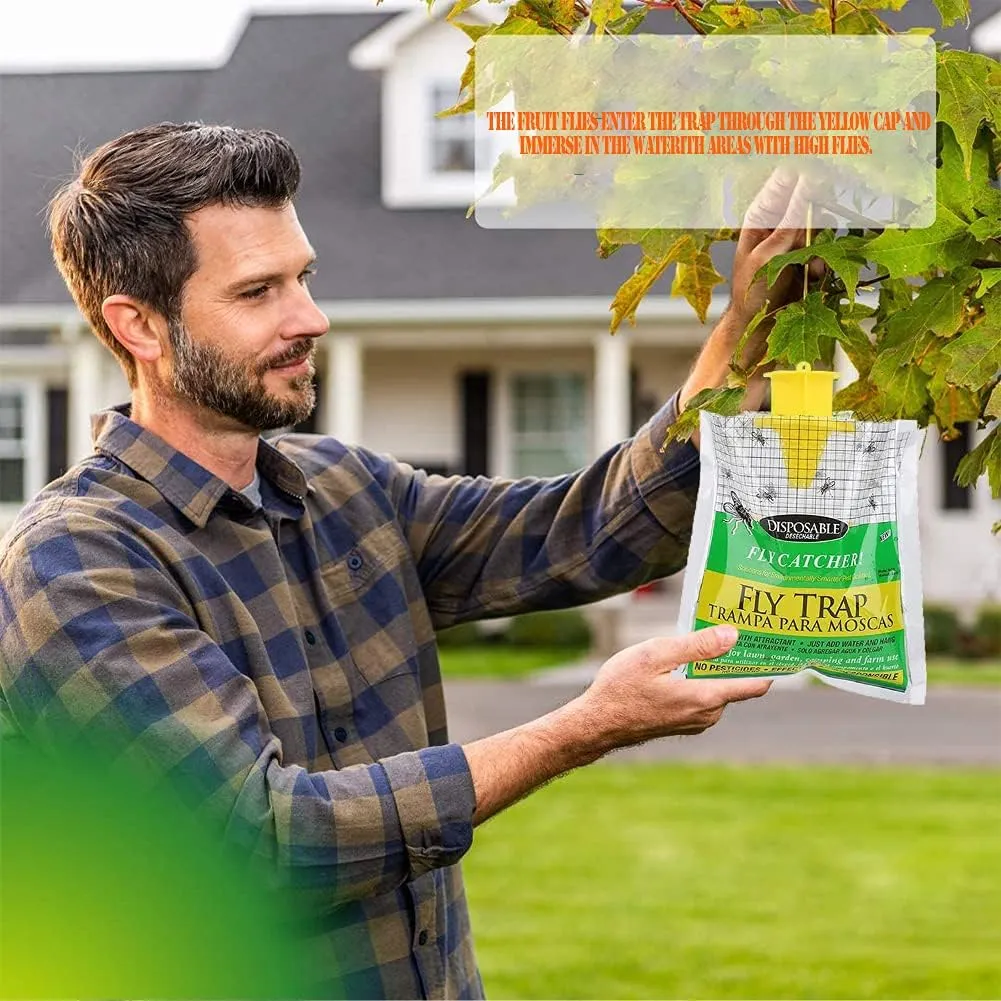 NEW Disposable Fly Insects Trap Bags, Fly Catcher Insect Trap, Outdoor Disposable Hanging Fly Trap, Non-Toxic and Odorless Hanging Bait Bag Catcher Pest Catcher for Outdoor Garden (1 pk)