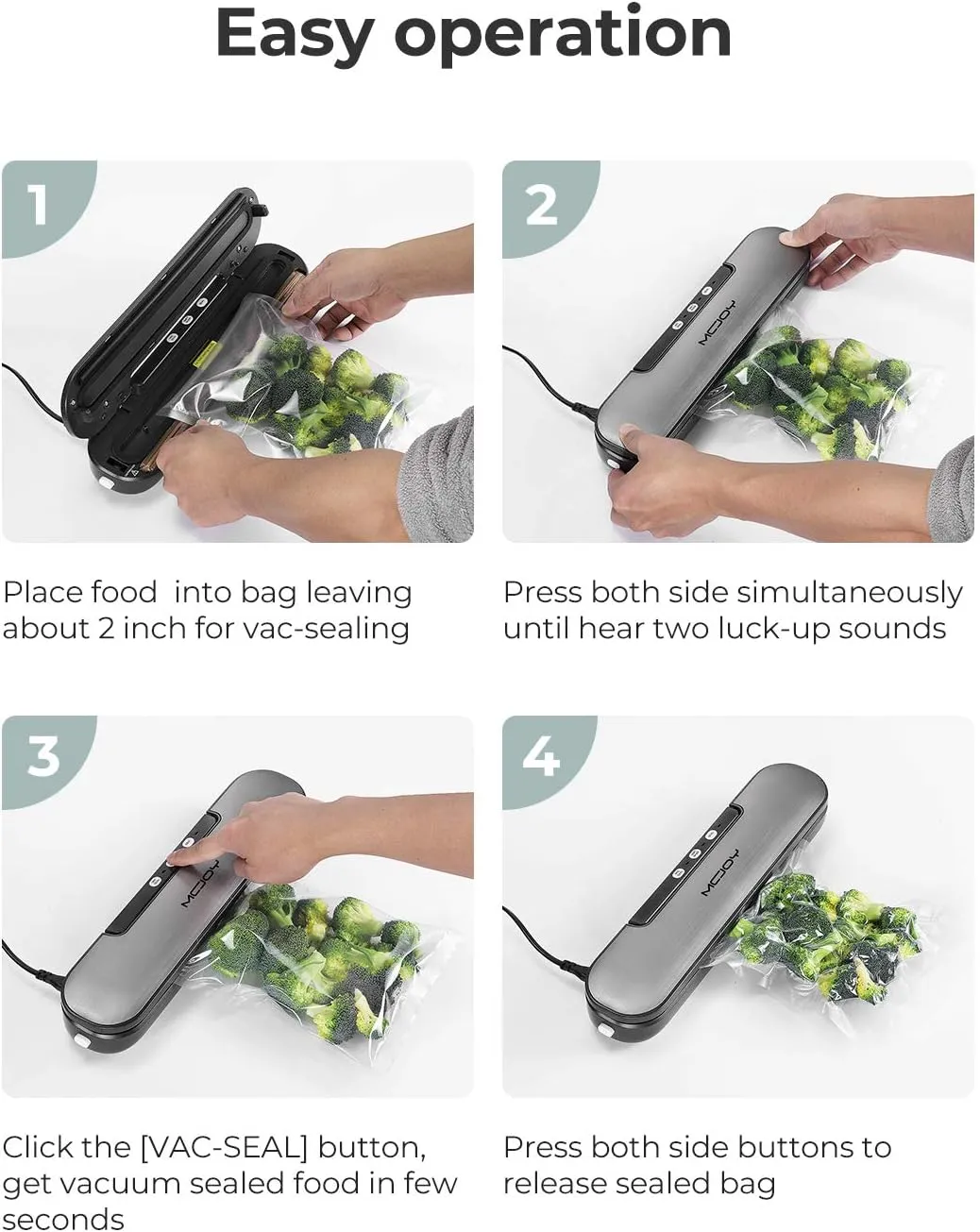 NEW MCJOY Vacuum Sealer Machine, Automatic Food Sealer Operation Vacuum Air Sealing for Food Preservation System/Portable Design/Starter Kit/Led Indicator Lights/Easy to Clean (Gray)